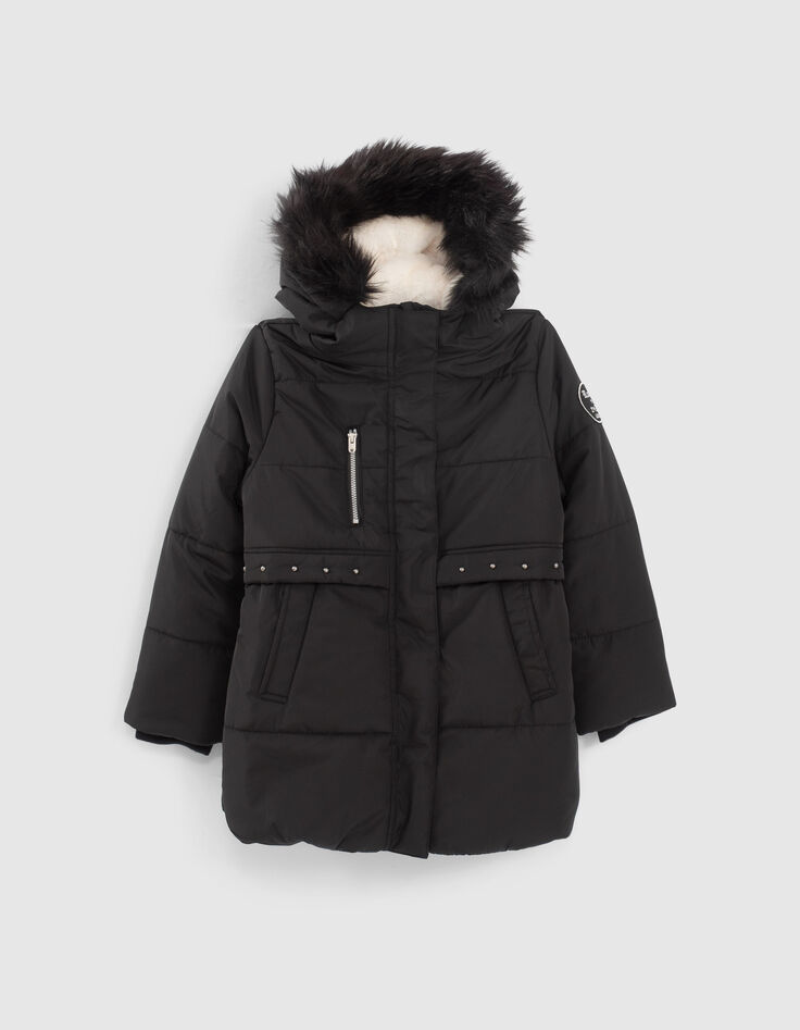 Lange, schwarze Mädchensteppjacke mit Futter und Kapuze-1