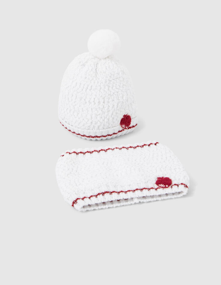 Baby girls’ ecru knit apple-heart beanie & snood-2