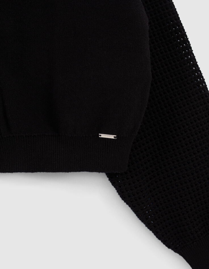 Cardigan cropped noir tricot manches ajourées fille-5