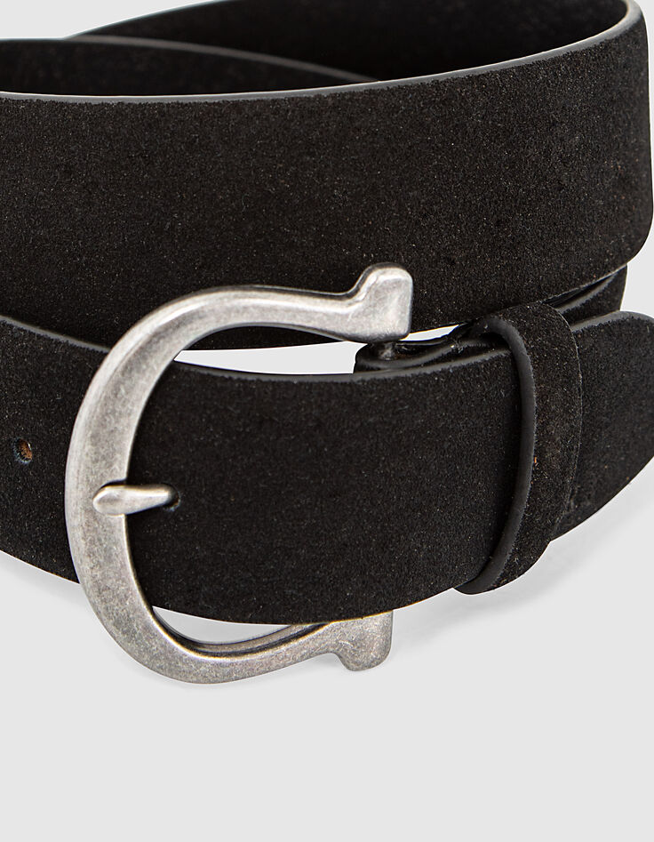 Ceinture jean en cuir suédé noir boucle western femme-2