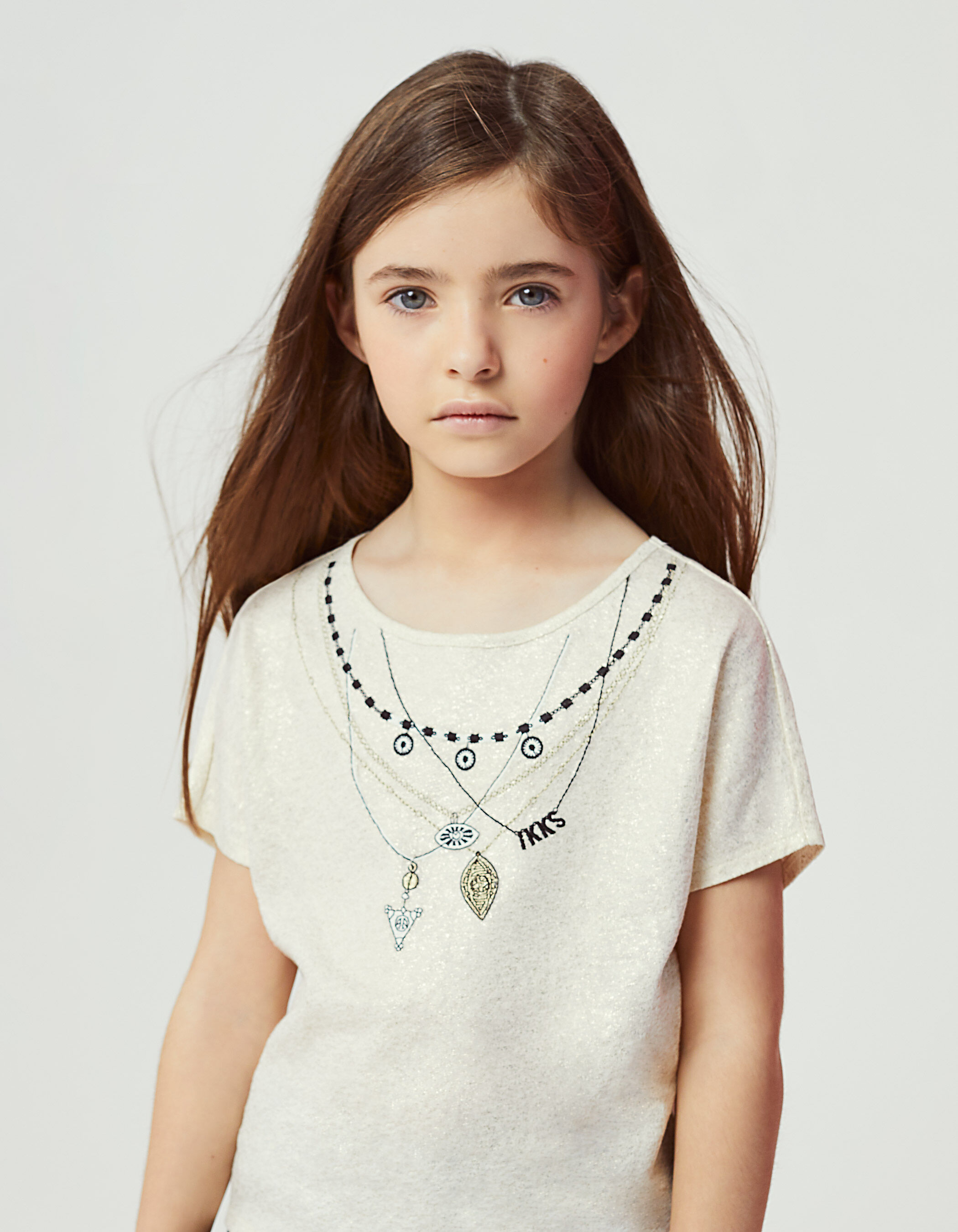 Girls' ecru necklace embroidery T-shirt