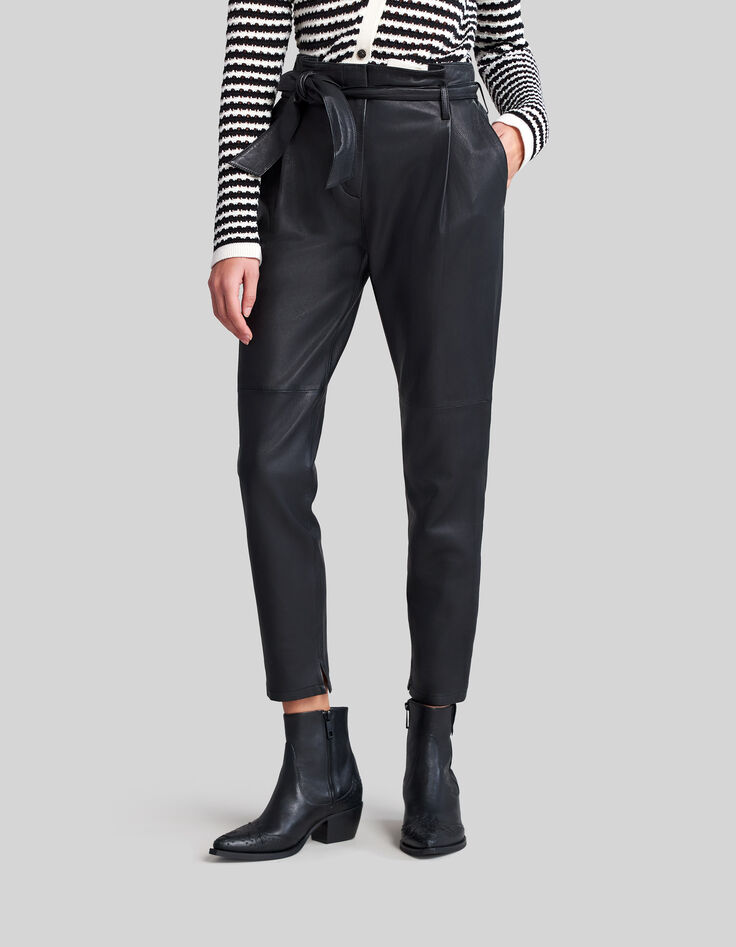 Pantalon noir taille haute en cuir d'agneau femme-2