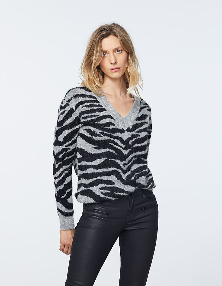 Women’s grey jacquard tiger fluffy wool sweater-2
