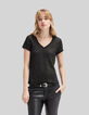 Camiseta cuello de pico negra de lino foil mujer-2