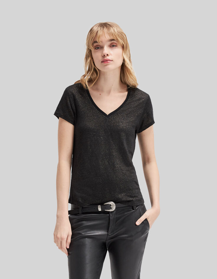 Tee-shirt col V noir en lin foil femme-2