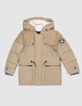 Boys' beige mixed fabric hooded fur-lined parka-1