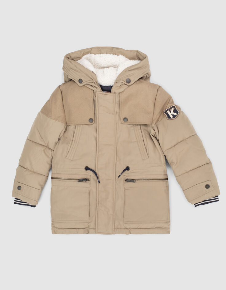 Beige parka in twee materialen gevoerde kap jongens-1