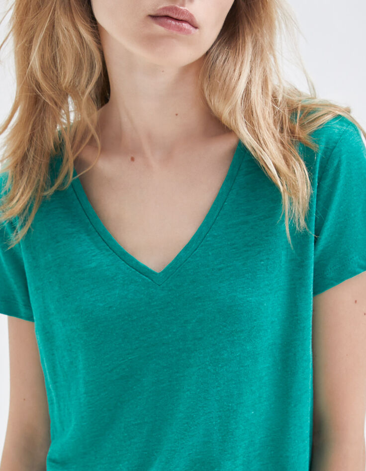 Mintgrünes Damen-T-Shirt aus Leinen mit Stickerei-4