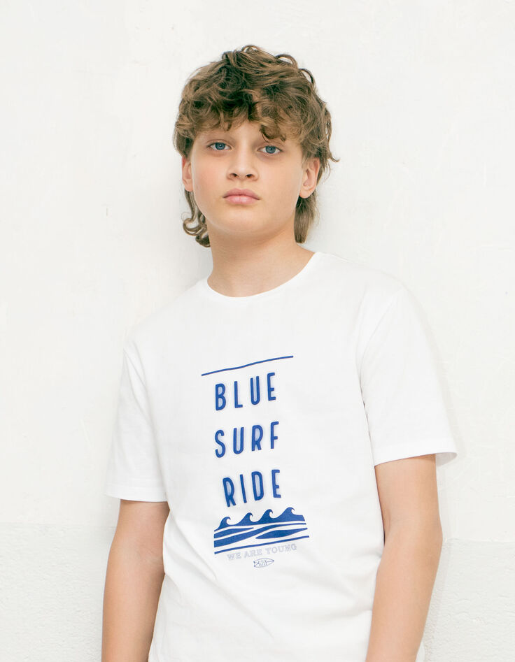 Boys' white T-shirt with rubber slogan and waves-1