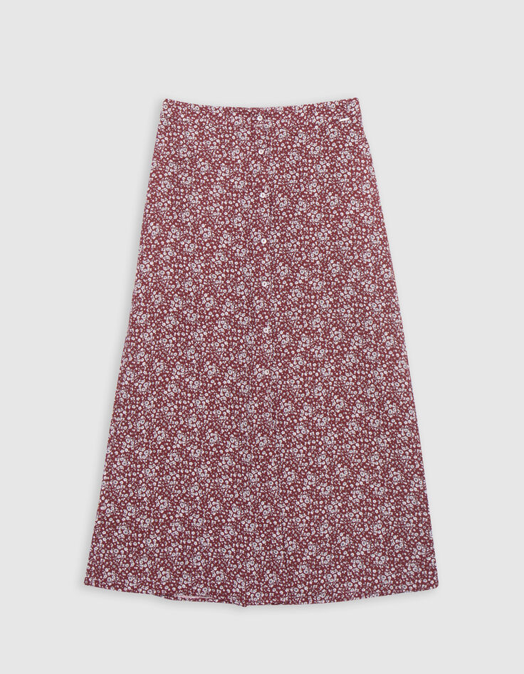 Girls' burgundy micro floral print long skirt-3