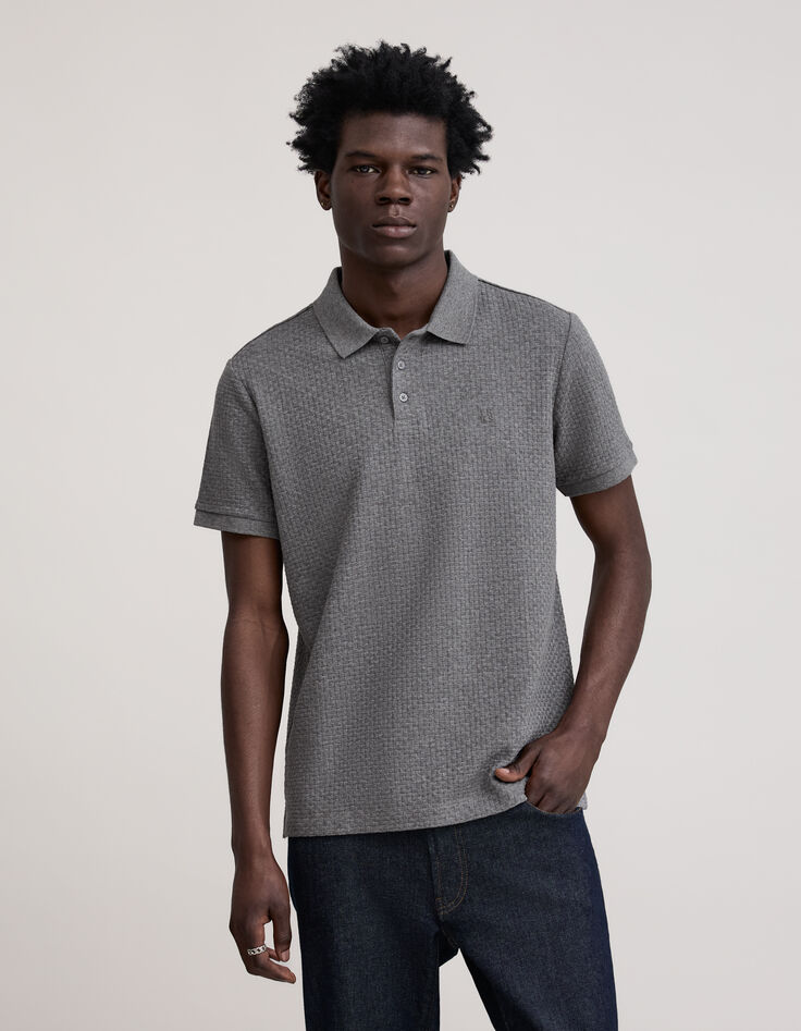 Men's graphite knit polo with weave effect-1