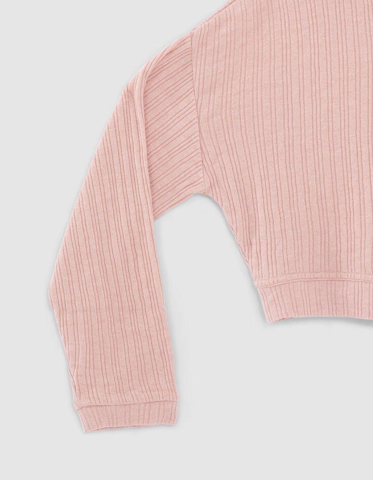 Girls’ powder pink ribbed zipped cropped T-shirt-2