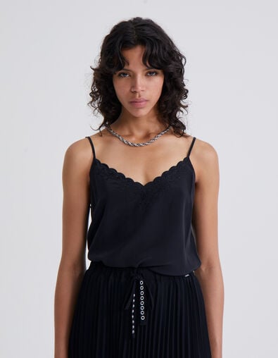 Women's black silk camisole with skull embroidery