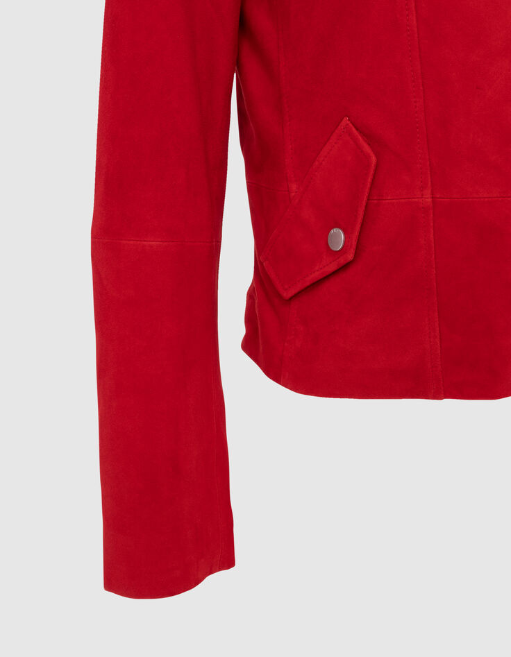 Veste courte en cuir velours rouge esprit motard Femme-2