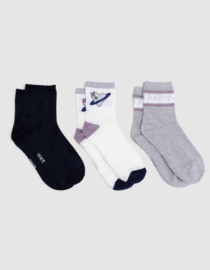 Socken für Mädchen in Marineblau, Ecru und Silber-3