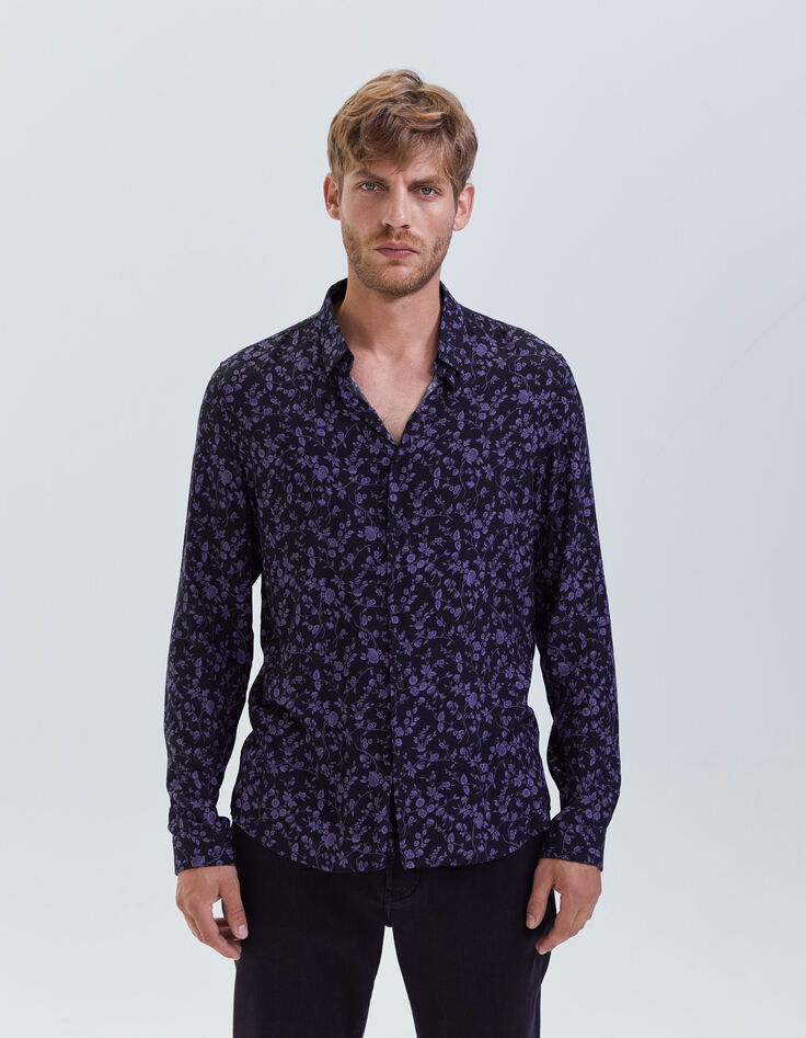 Zwart LENZING™ ECOVERO™ SLIM overhemd bloemenmotief heren-1