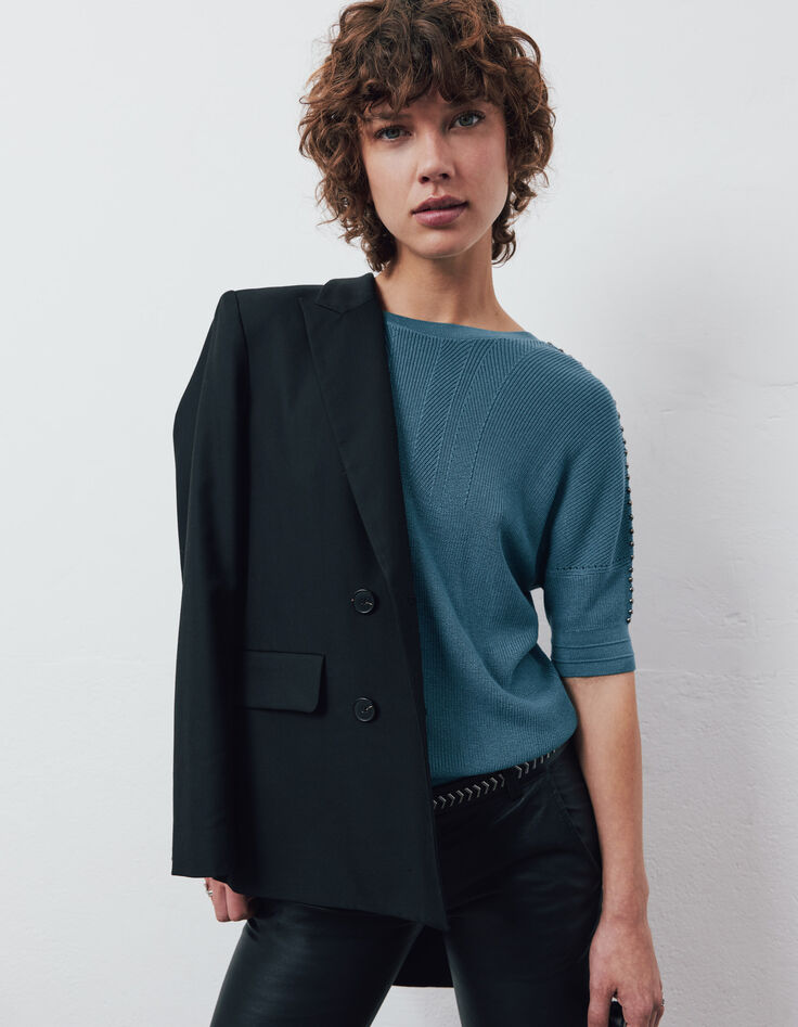Women’s emerald openwork knit beaded short-sleeve sweater-3