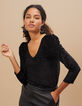 I.Code black V-neck top with gathered sleeves-1