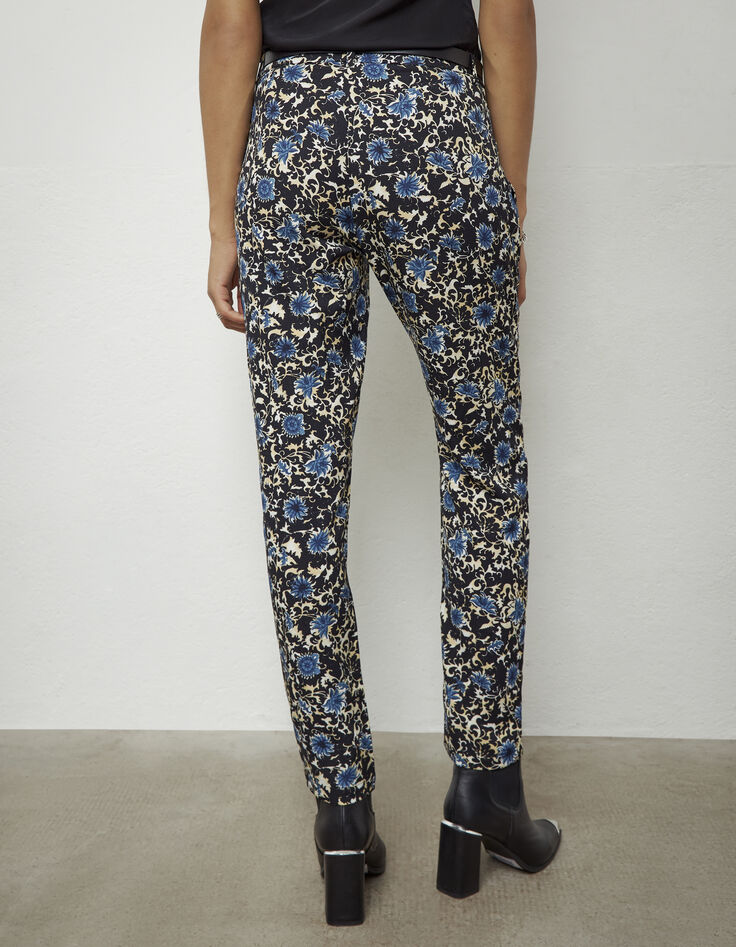 Pantalon droit en crêpe imprimé fleurs bleues femme-2