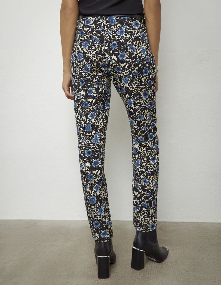 Rechte crêpe broek print blauwe bloemen dames-2