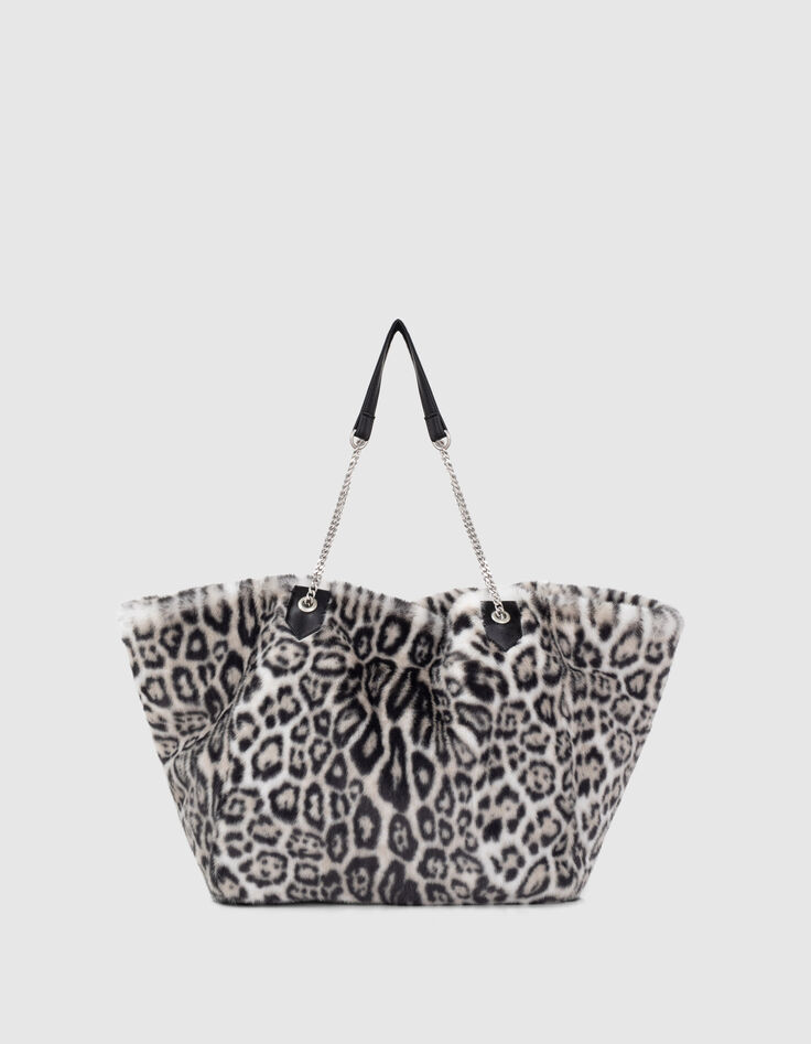 Women’s black and white leopard faux fur tote bag-1