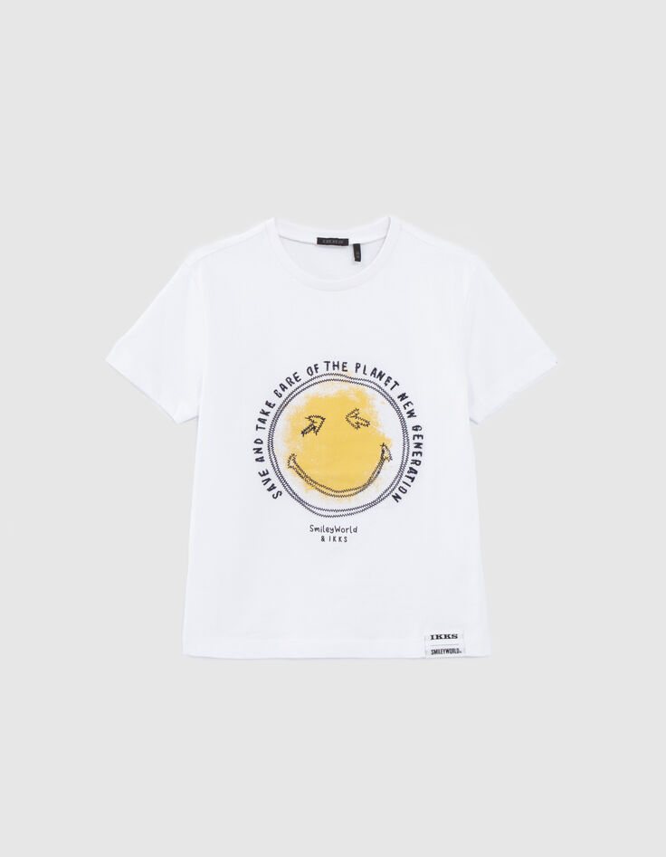 Weißes Jungen-T-Shirt mit Print und SMILEYWORLD-Stickerei-1