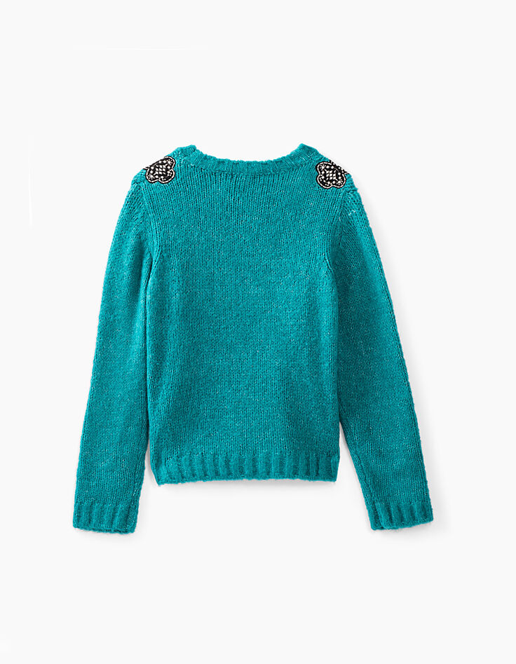 Girls’ teal blue embroidered shoulder patch knit sweater-4