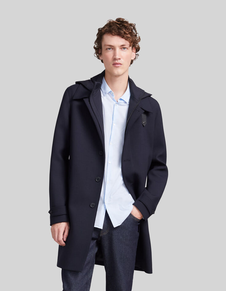 Men’s navy trench coat with detachable hood facing-2