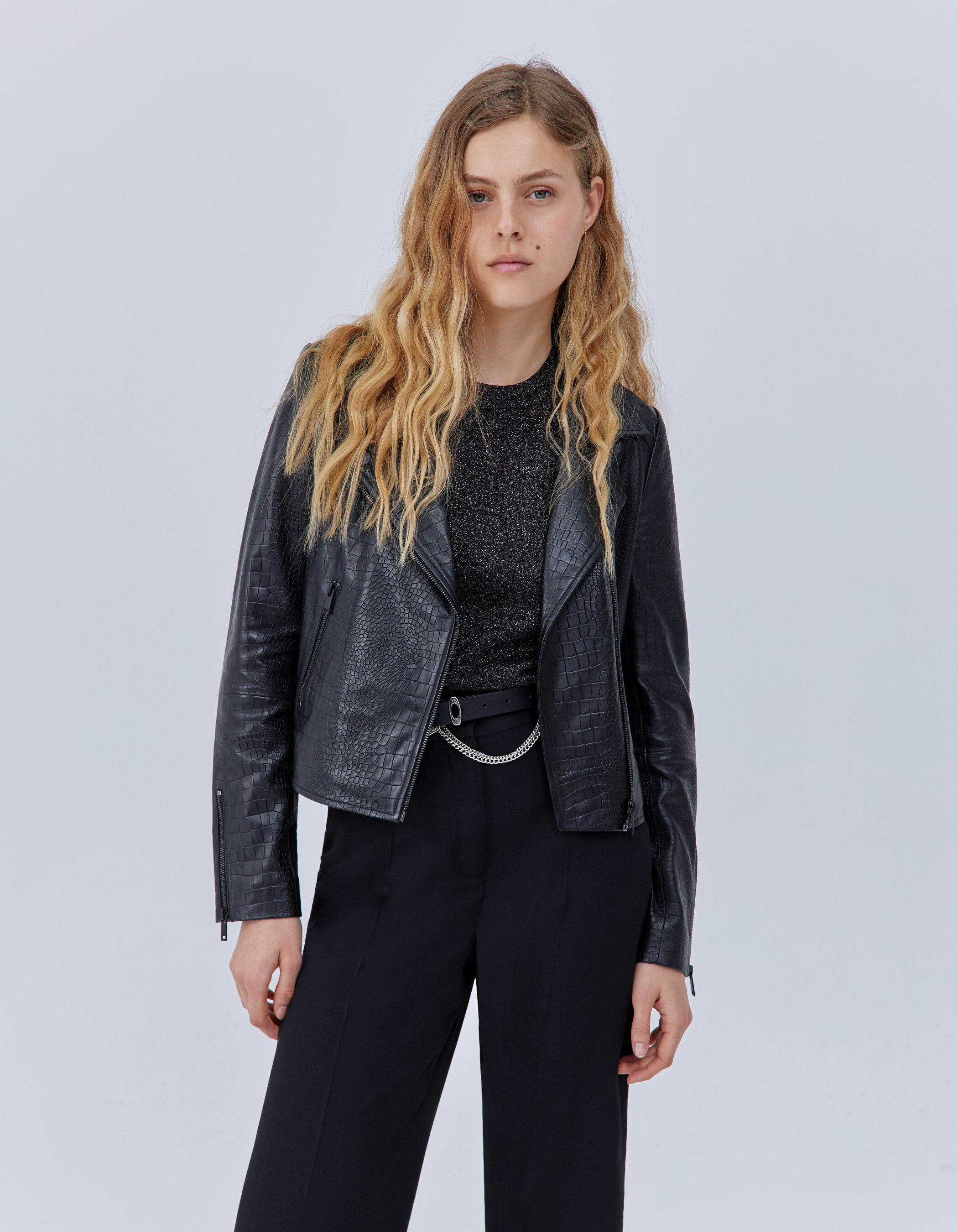 Women's black crocodile-embossed leather biker jacket