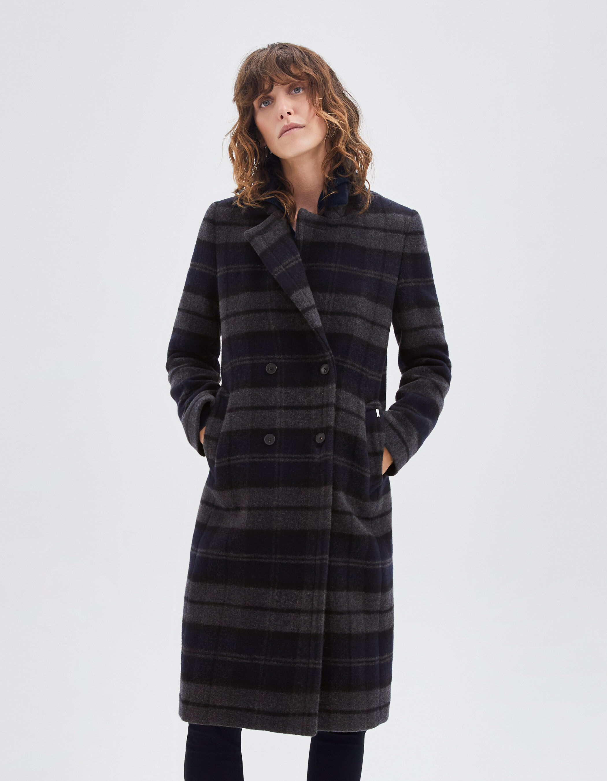 Women's grey check long coat