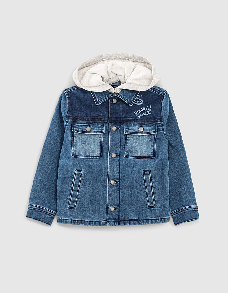 Veste en jean stone blue bio à capuche amovible garçon-1