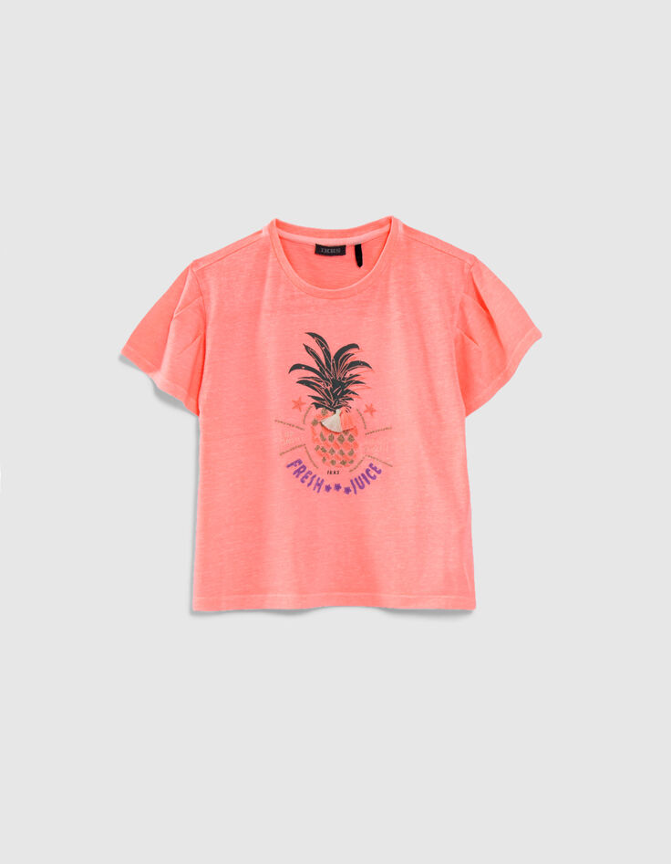 Camiseta rosa fluo piña bordada niña-3