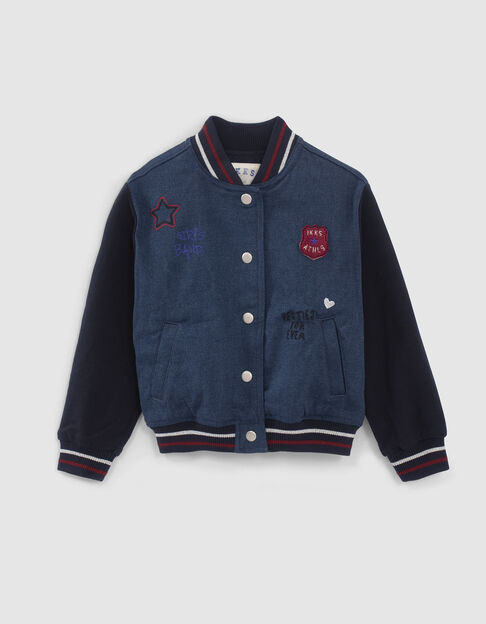 Girls’ navy denim embroidered mixed fabric baseball jacket - IKKS