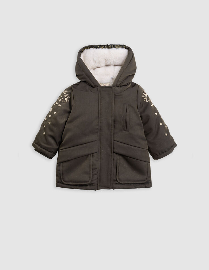 Sequined khaki parka with embroidered sleeves, baby girl-2