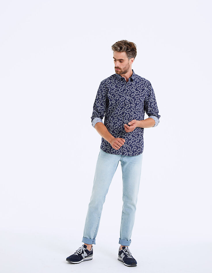 Men’s indigo floral motif slim shirt-7