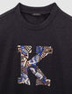 Marineblau meliertes Jungen-T-Shirt mit Wappen-K-3