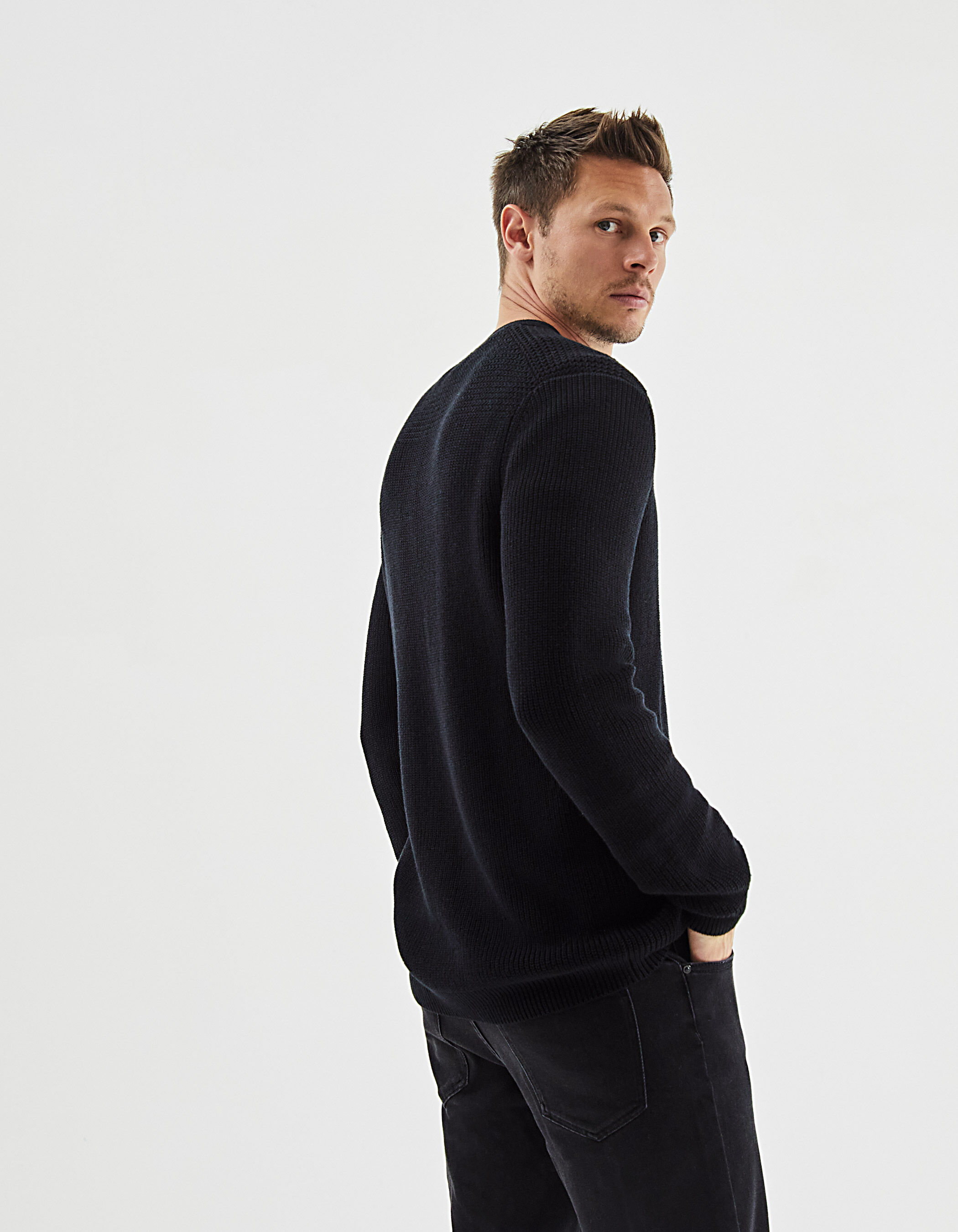 Men's black knit V-neck sweater