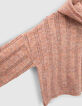 Pull bois de rose tricot ajouré à capuche fille-5