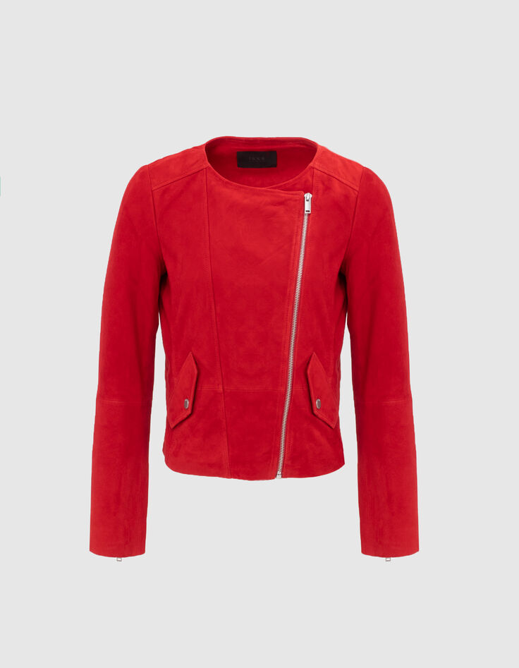 Kurze rote Damen-Velourslederjacke im Bikerstil-1