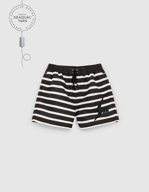 Boys’ black sailor stripe swimshorts, ecru stripes, badges - IKKS