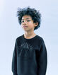 Boys’ black mixed fabric sweater with embossed image-1