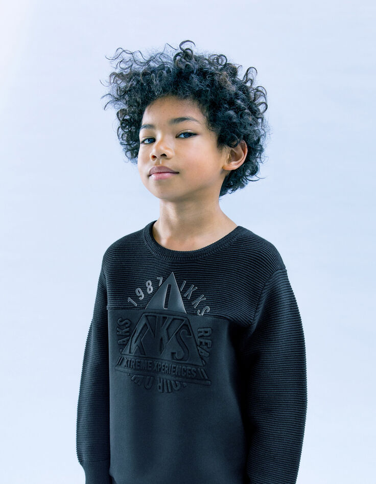 Boys’ black mixed fabric sweater with embossed image-1