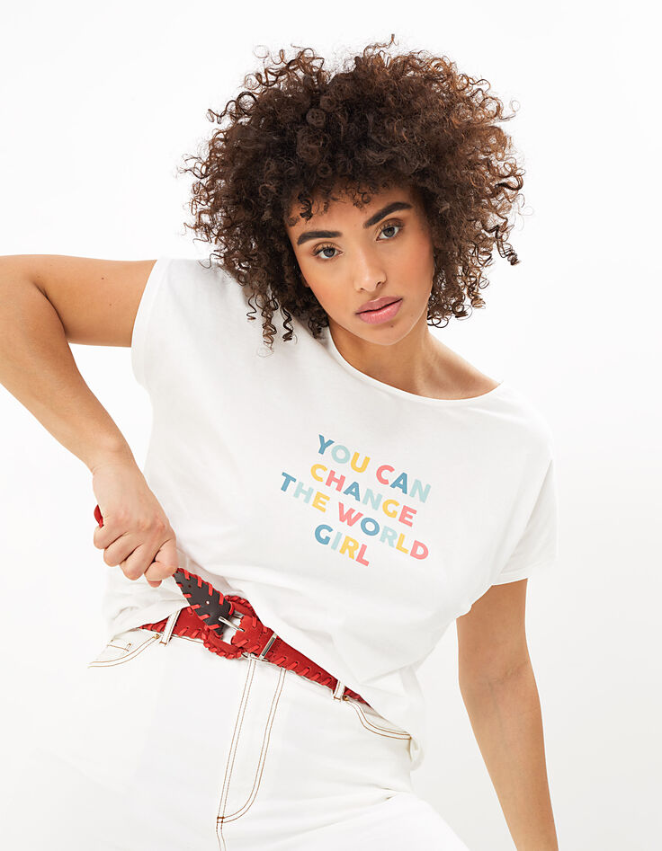 I.Code off-white organic T-shirt with coloured slogan-1
