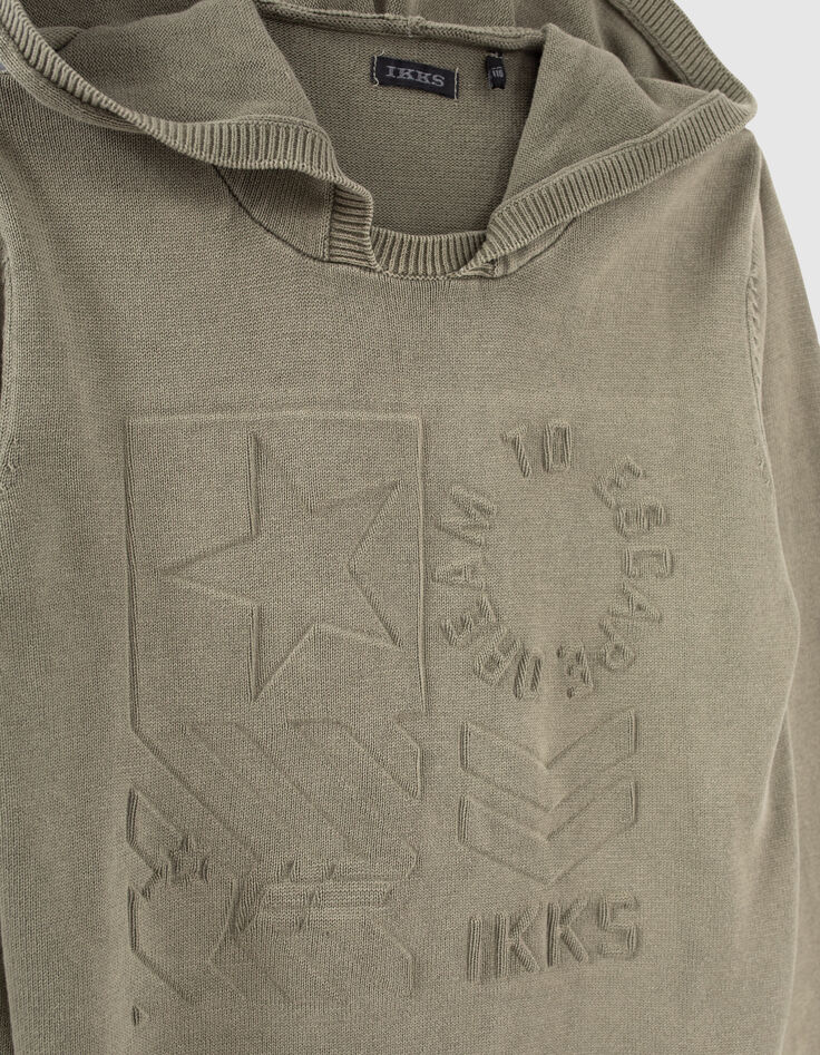 Boys’ khaki knit sweater with embossed shapes and hood-2