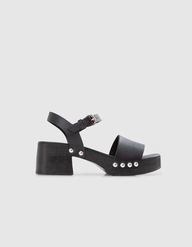 Women’s black leather sandals with wooden heels - IKKS