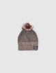 Baby boys’ khaki fur-lined knit beanie with pompom-1