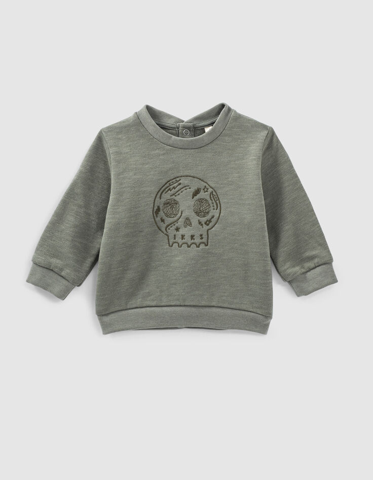 Sudadera caqui claro bordado skull de felpa bio bebé-1