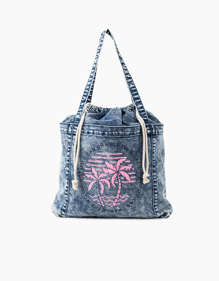 Girls’ light blue denim bag with pink palm trees