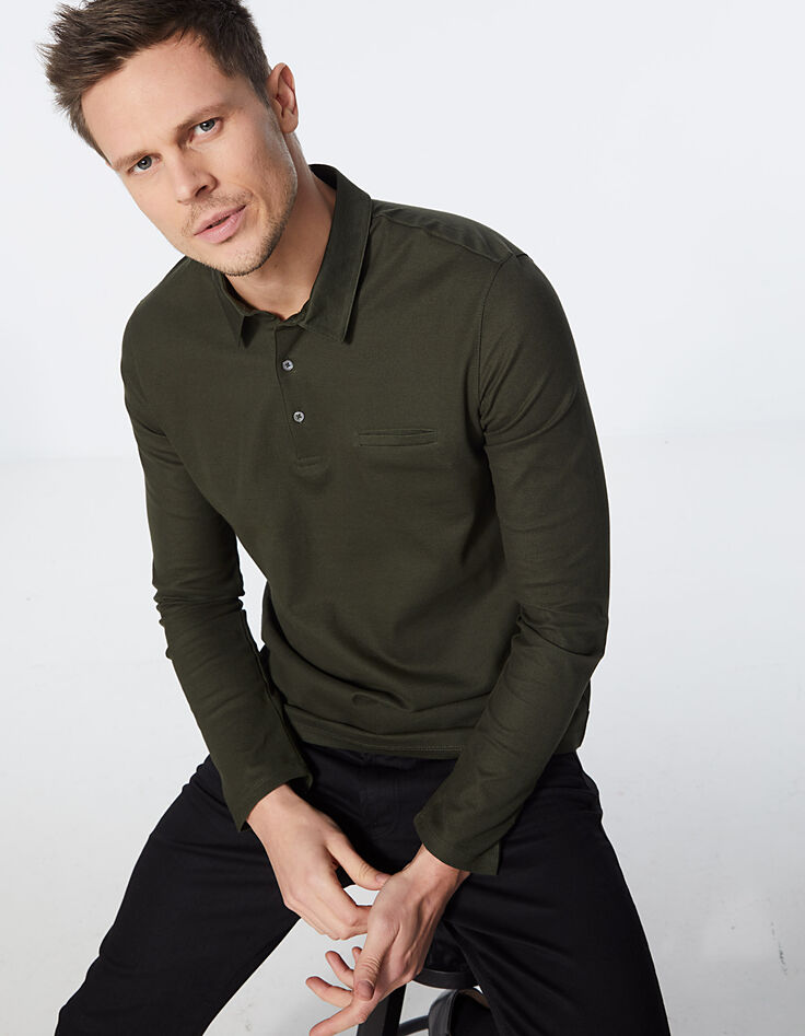 Khaki Herrenpoloshirt mit langen Ärmeln-1