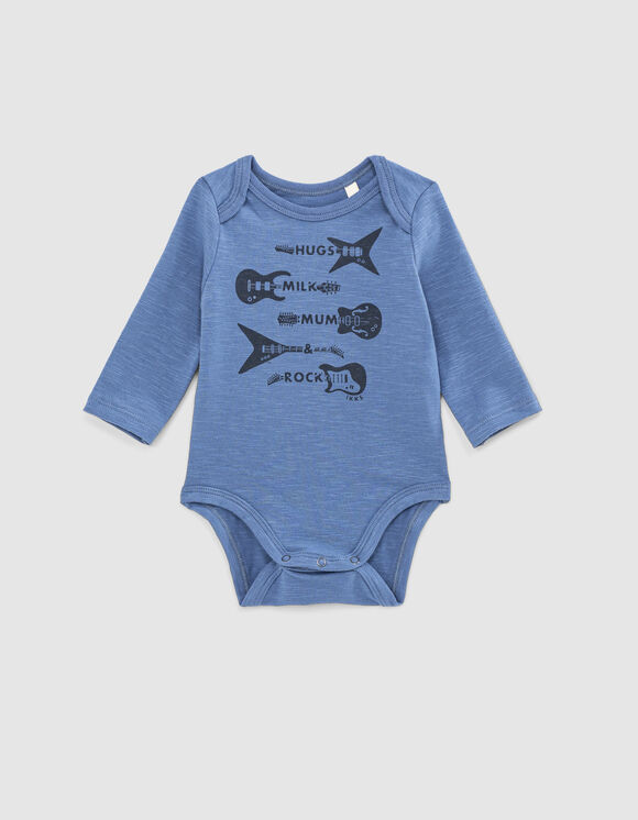 Mittelblauer Babybody aus Biobaumwolle mit 4 Gitarren